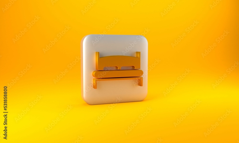 Gold Big bed for two or one person icon isolated on yellow background. Silver square button. 3D rend