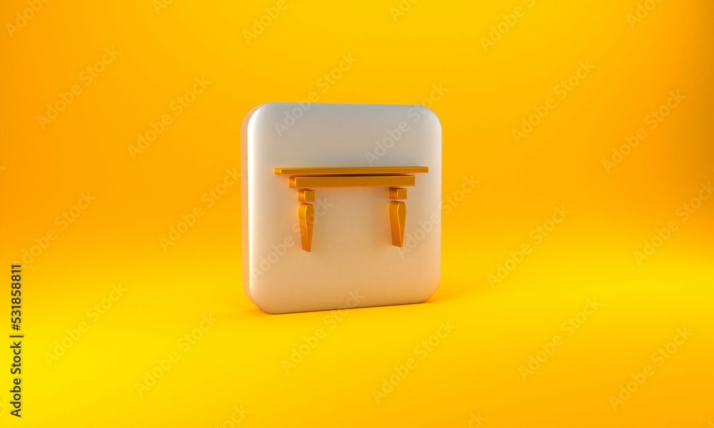 Gold Wooden table icon isolated on yellow background. Silver square button. 3D render illustration