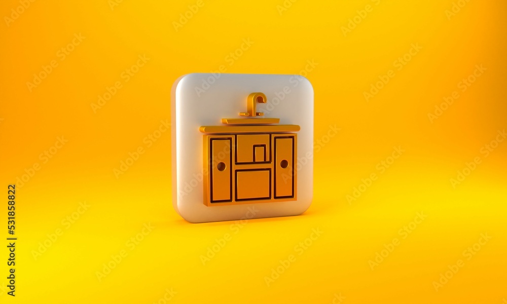 Gold Washbasin cabinet with water tap icon isolated on yellow background. Silver square button. 3D r