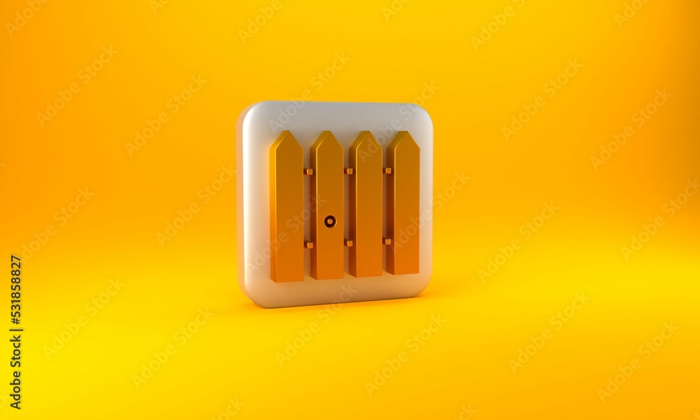 Gold Garden fence wooden icon isolated on yellow background. Silver square button. 3D render illustr