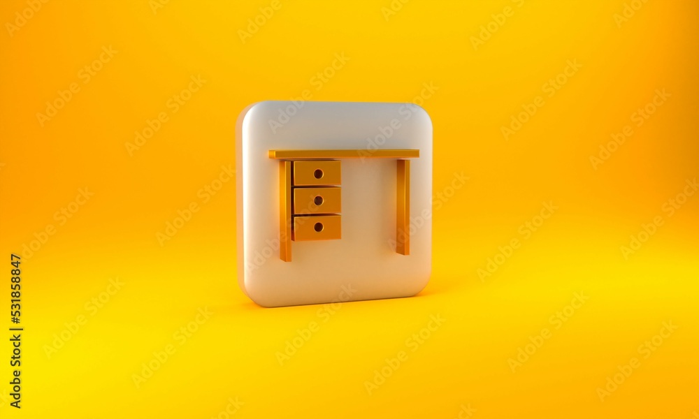 Gold Office desk icon isolated on yellow background. Silver square button. 3D render illustration