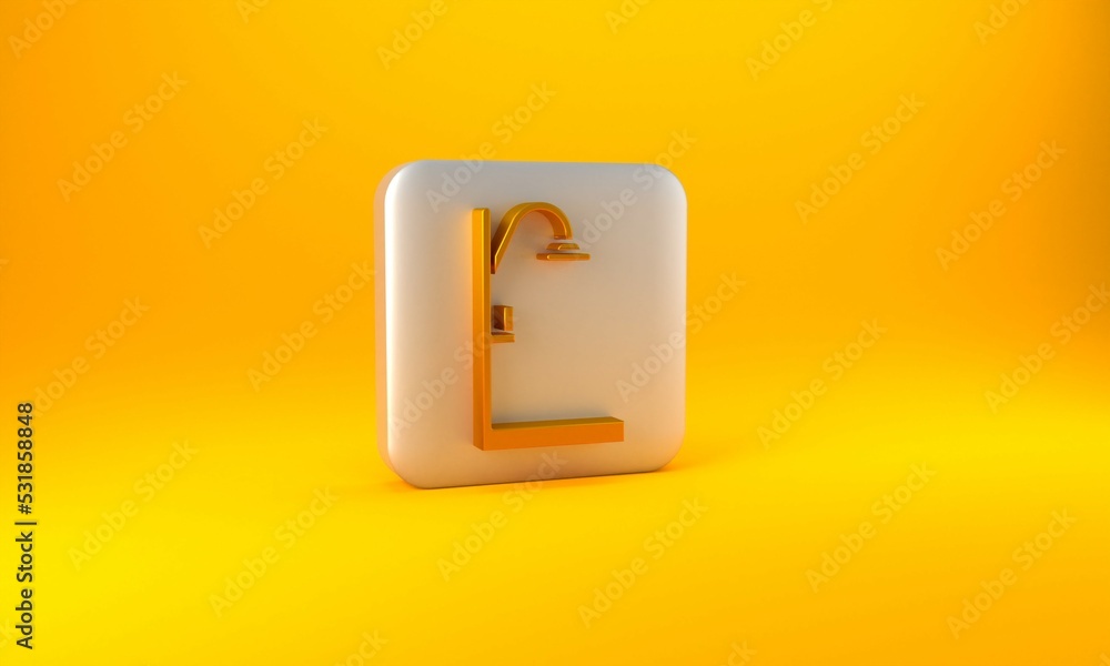 Gold Shower icon isolated on yellow background. Silver square button. 3D render illustration