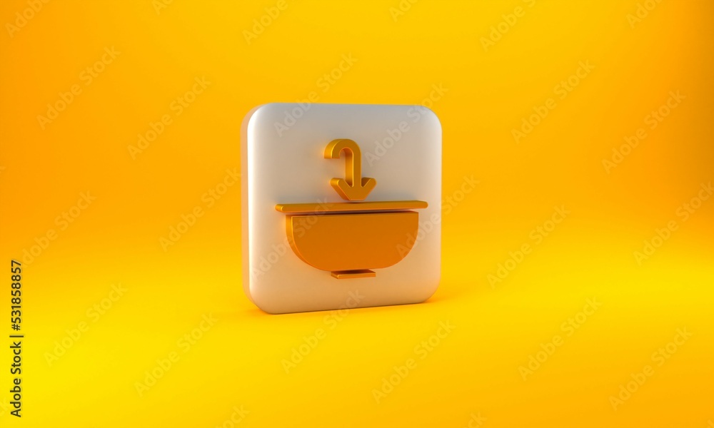 Gold Washbasin with water tap icon isolated on yellow background. Silver square button. 3D render il