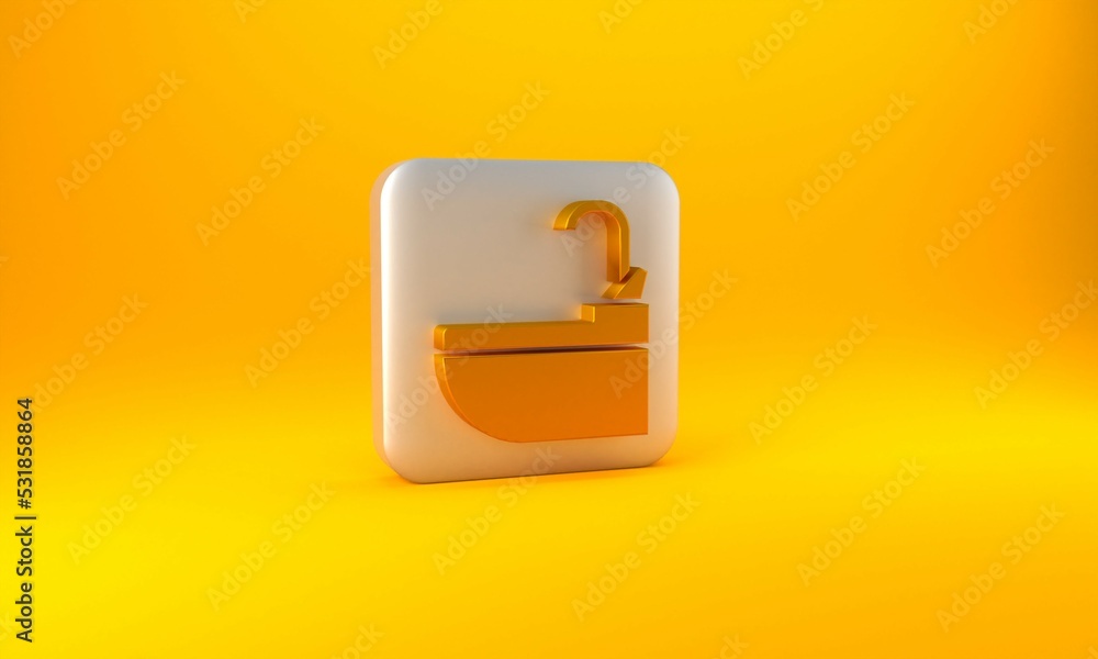 Gold Washbasin with water tap icon isolated on yellow background. Silver square button. 3D render il