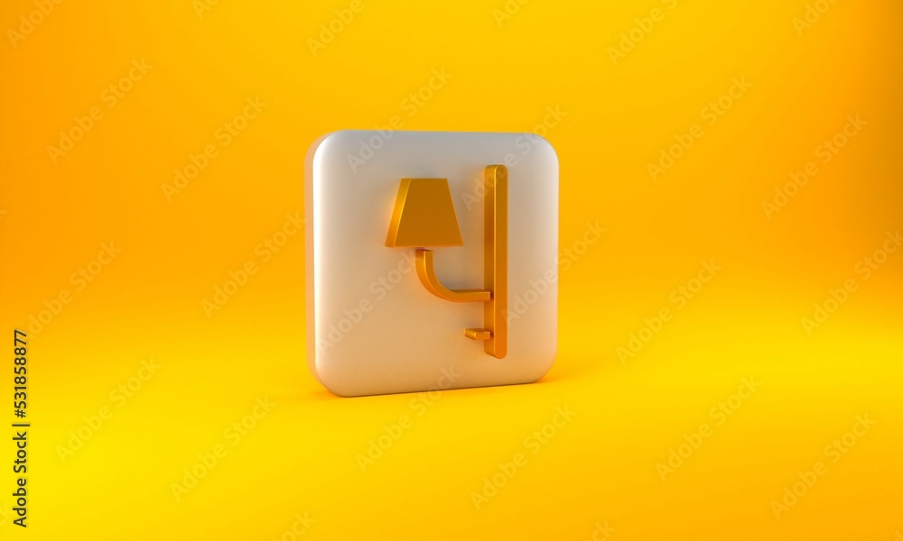 Gold Wall sconce icon isolated on yellow background. Wall lamp light. Silver square button. 3D rende