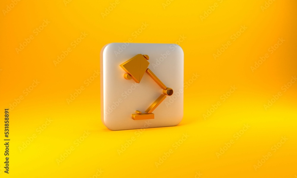 Gold Table lamp icon isolated on yellow background. Silver square button. 3D render illustration