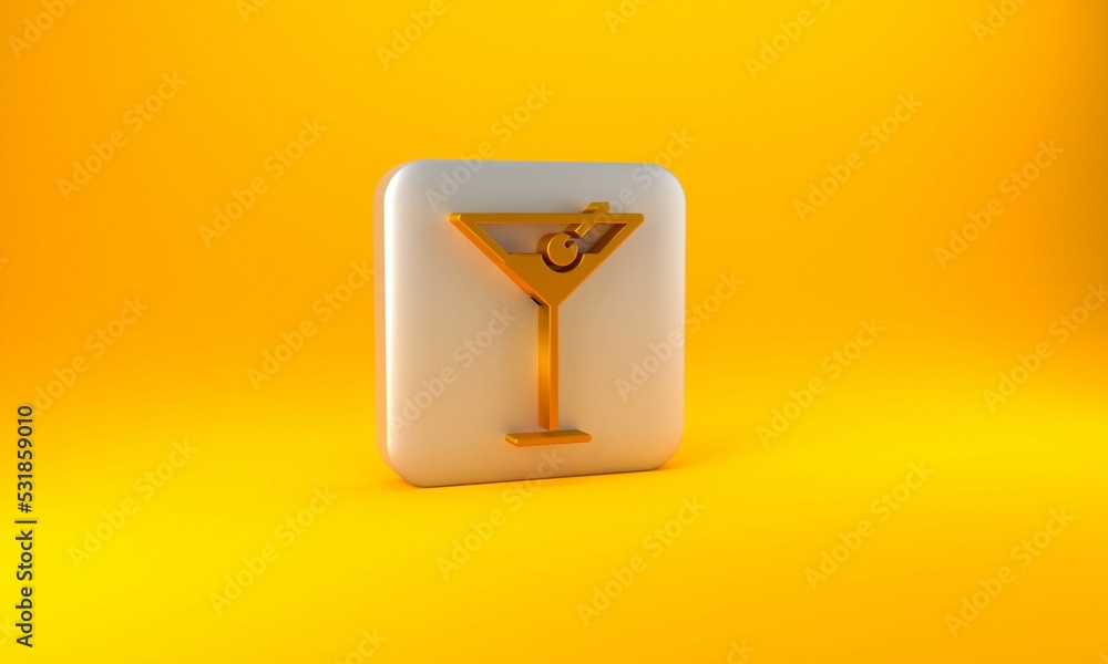 Gold Martini glass icon isolated on yellow background. Cocktail icon. Wine glass icon. Silver square