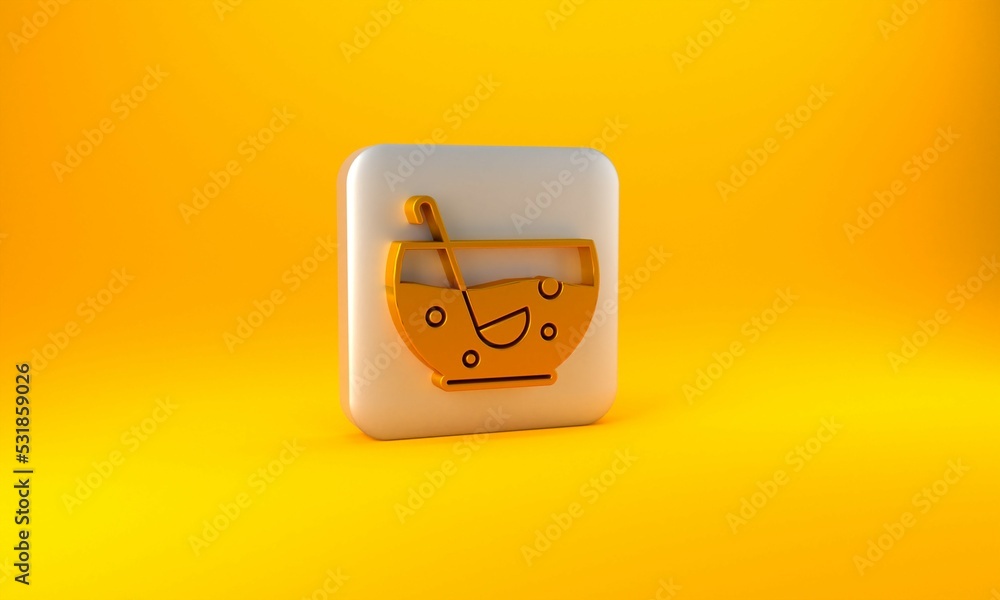 Gold Mixed punch with fresh fruits in bowl icon isolated on yellow background. Silver square button.