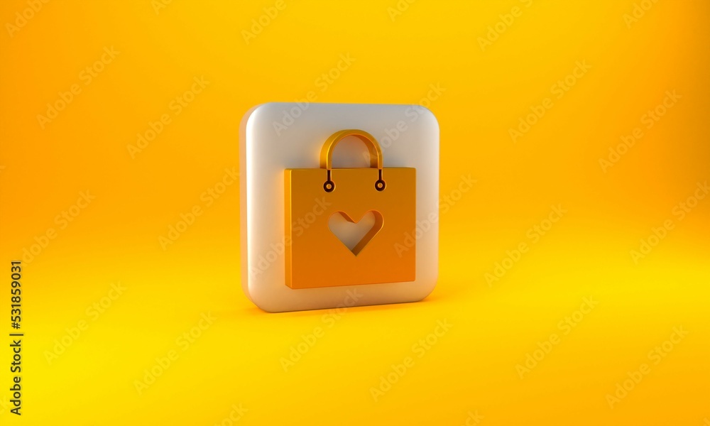 Gold Shopping bag with heart icon isolated on yellow background. Shopping bag shop love like heart i