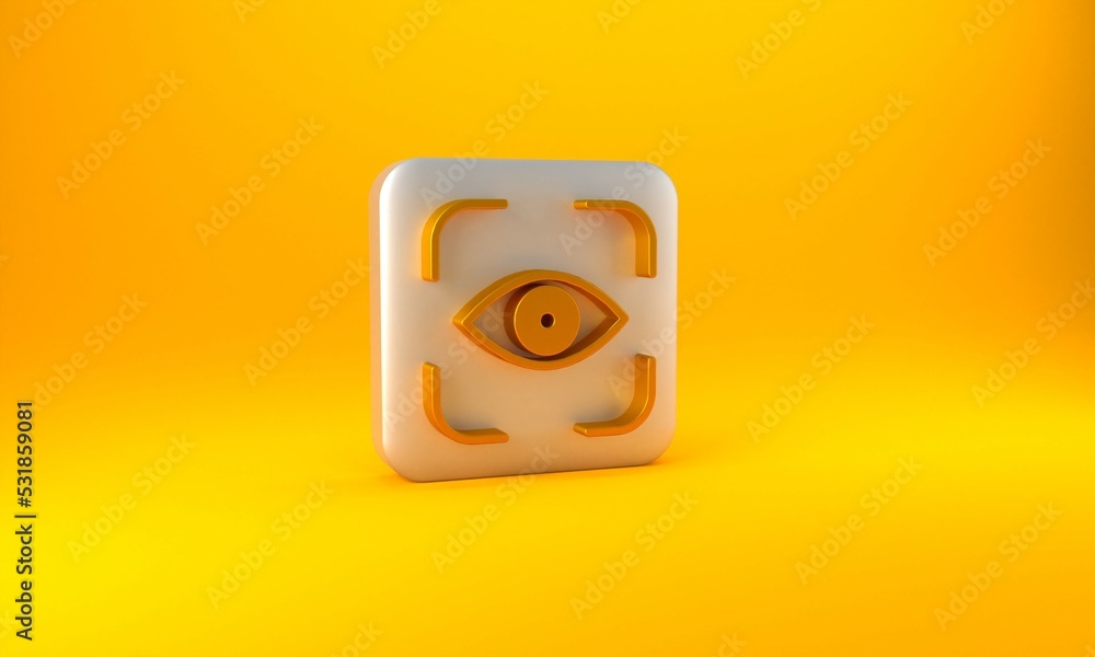 Gold Eye scan icon isolated on yellow background. Scanning eye. Security check symbol. Cyber eye sig