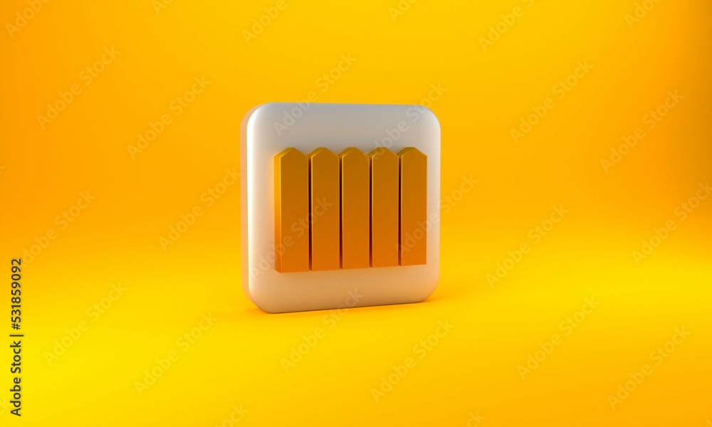 Gold Garden fence wooden icon isolated on yellow background. Silver square button. 3D render illustr