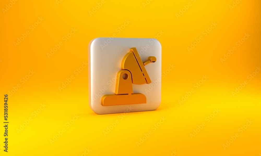 Gold Satellite dish icon isolated on yellow background. Radio antenna, astronomy and space research.