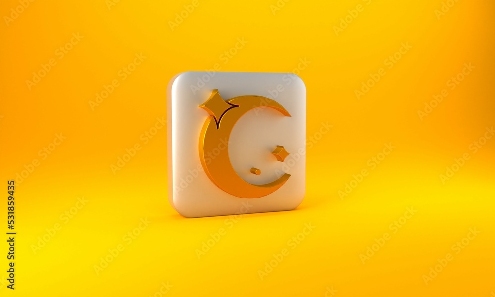 Gold Moon and stars icon isolated on yellow background. Silver square button. 3D render illustration