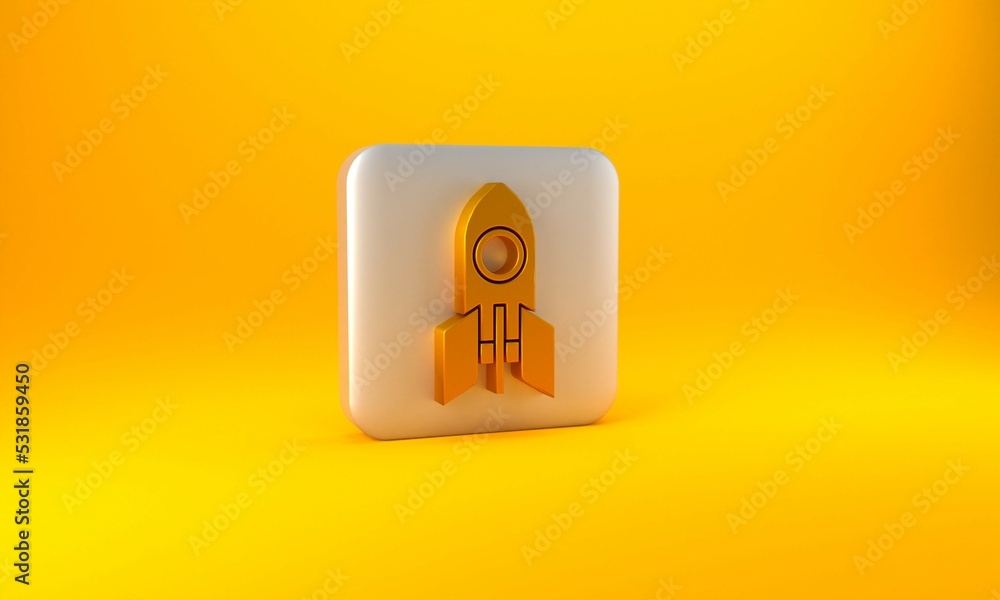 Gold Rocket ship icon isolated on yellow background. Space travel. Silver square button. 3D render i