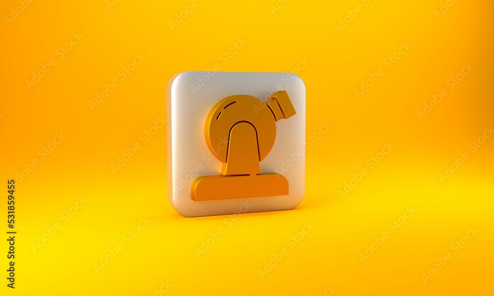 Gold Astronomical observatory icon isolated on yellow background. Observatory with a telescope. Scie