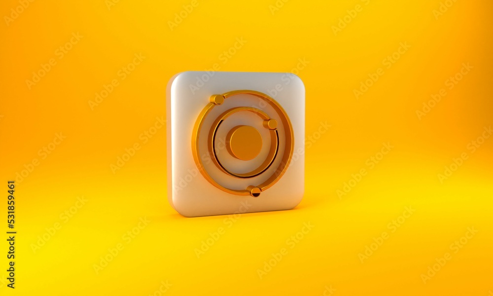 Gold Solar system icon isolated on yellow background. The planets revolve around the star. Silver sq