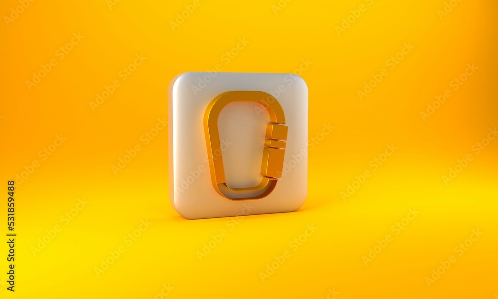 Gold Carabiner icon isolated on yellow background. Extreme sport. Sport equipment. Silver square but