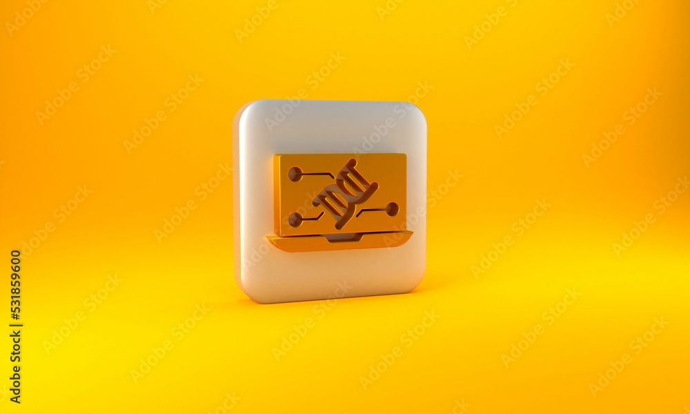 Gold Genetic engineering modification on laptop icon isolated on yellow background. DNA analysis, ge