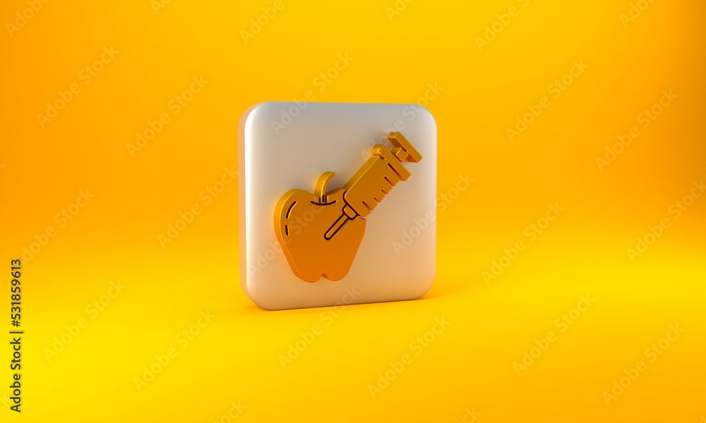 Gold Genetically modified apple icon isolated on yellow background. GMO fruit. Syringe being injecte