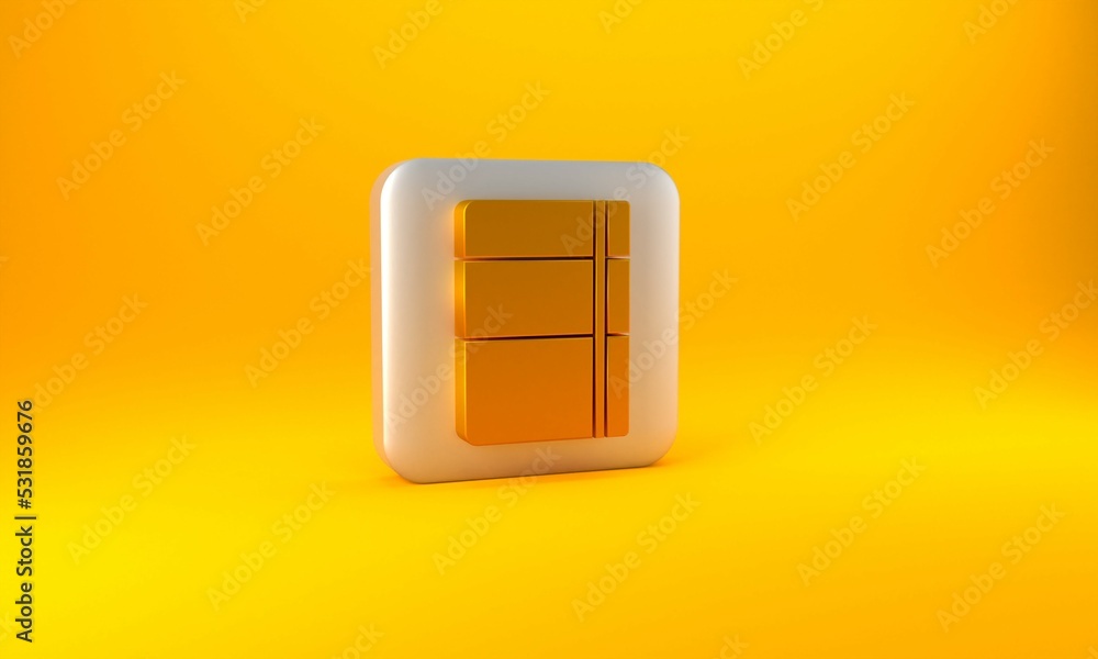 Gold Sketchbook or album icon isolated on yellow background. Silver square button. 3D render illustr