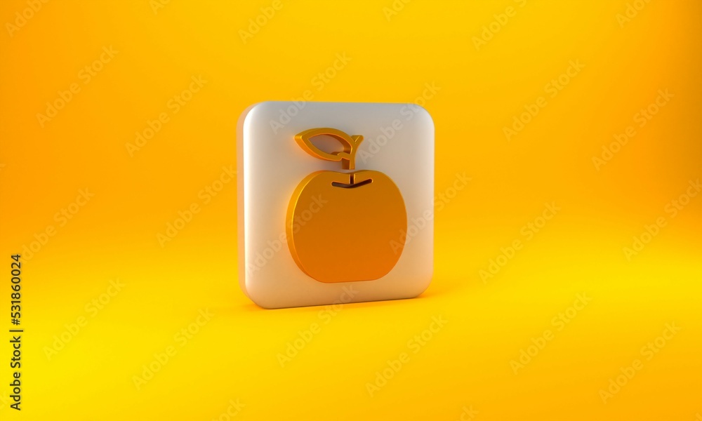 Gold Apple icon isolated on yellow background. Fruit with leaf symbol. Silver square button. 3D rend