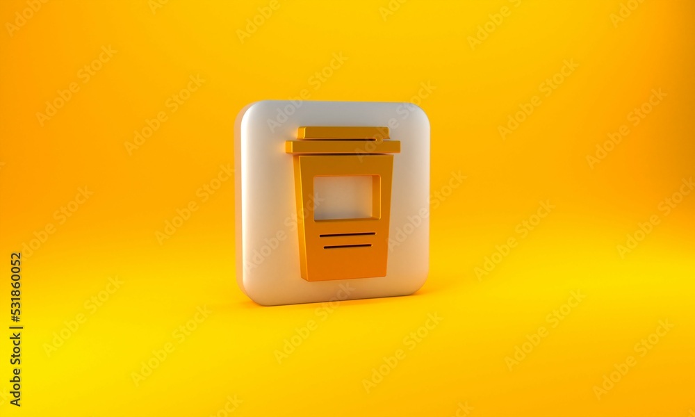 Gold Coffee cup to go icon isolated on yellow background. Silver square button. 3D render illustrati