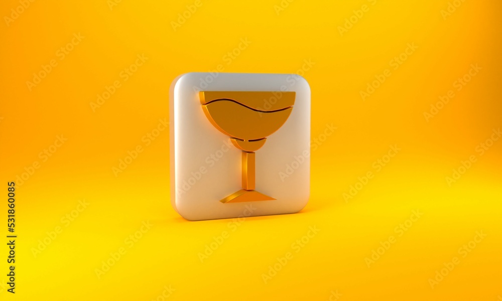 Gold Wine glass icon isolated on yellow background. Wineglass sign. Silver square button. 3D render 