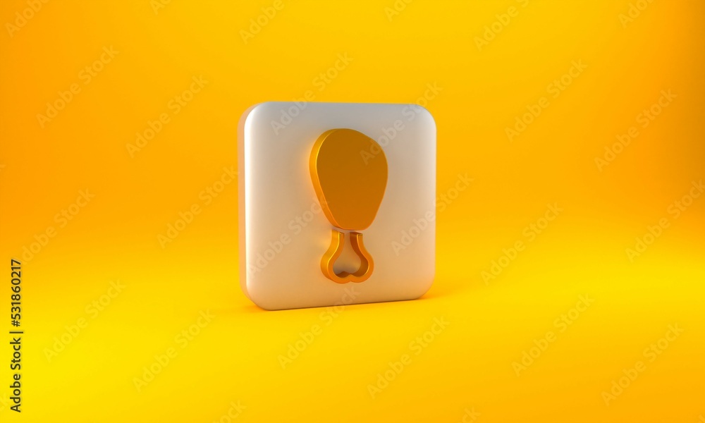 Gold Chicken leg icon isolated on yellow background. Chicken drumstick. Silver square button. 3D ren