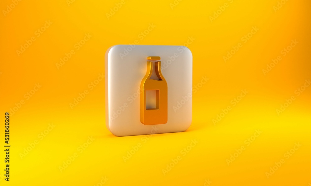 Gold Wine bottle icon isolated on yellow background. Silver square button. 3D render illustration