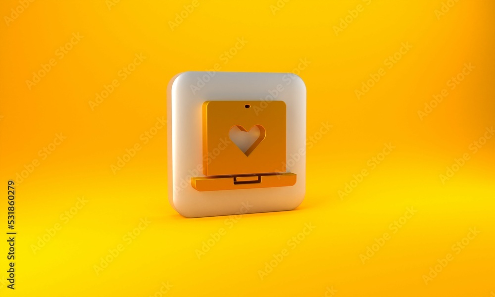 Gold Dating app online laptop concept icon isolated on yellow background. Female male profile flat d