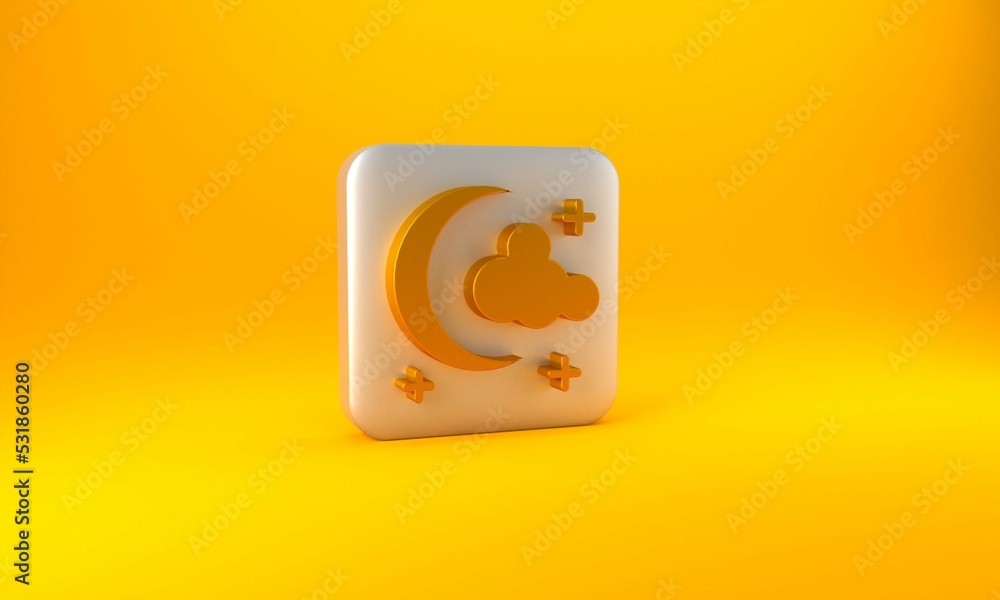 Gold Moon and stars icon isolated on yellow background. Silver square button. 3D render illustration