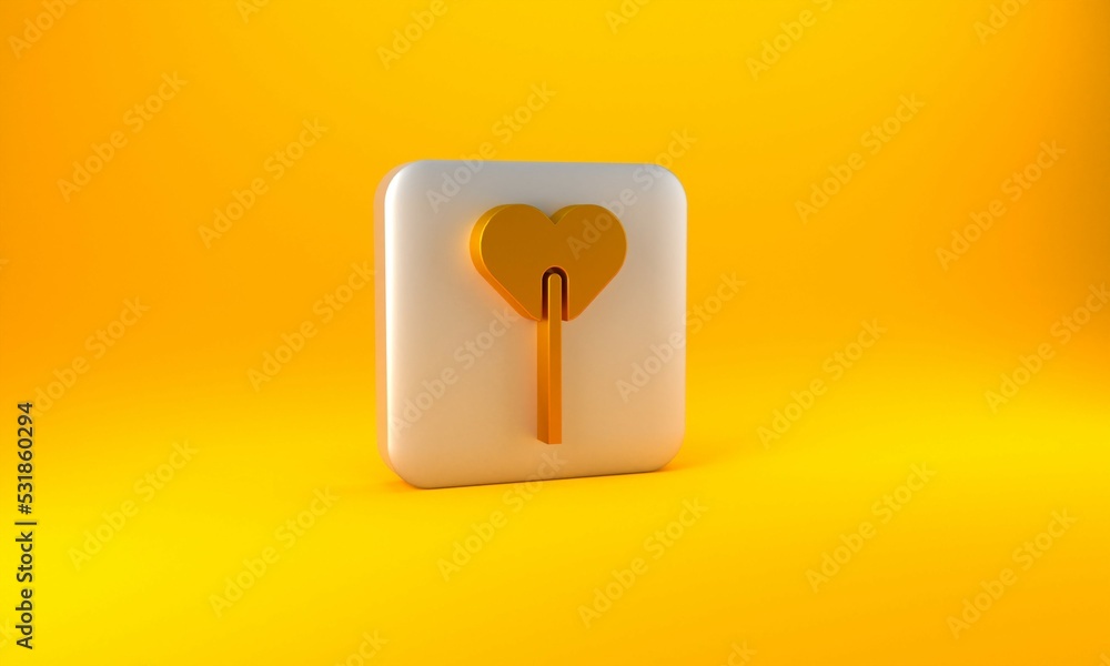 Gold Lollipop icon isolated on yellow background. Food, delicious symbol. Silver square button. 3D r