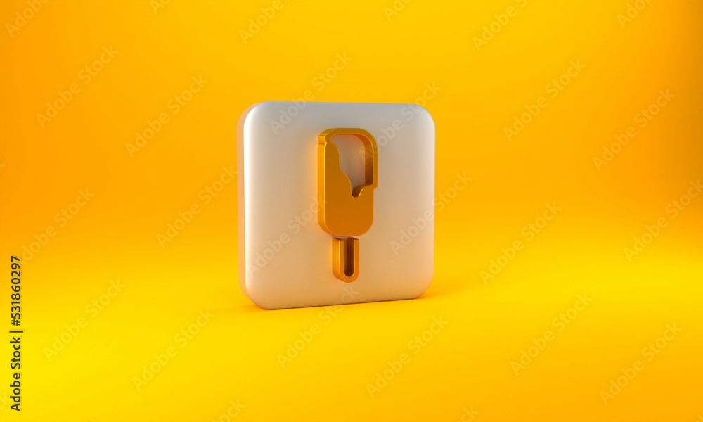 Gold Ice cream icon isolated on yellow background. Sweet symbol. Silver square button. 3D render ill