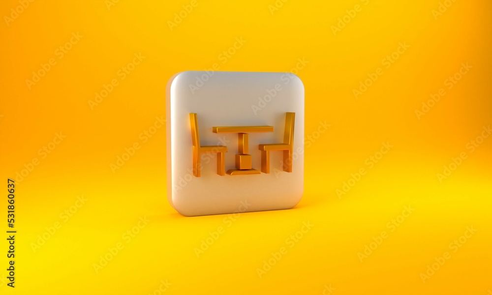 Gold Wooden table with chair icon isolated on yellow background. Silver square button. 3D render ill