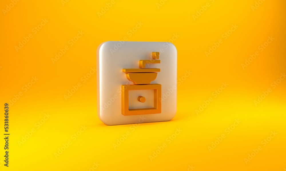 Gold Manual coffee grinder icon isolated on yellow background. Silver square button. 3D render illus