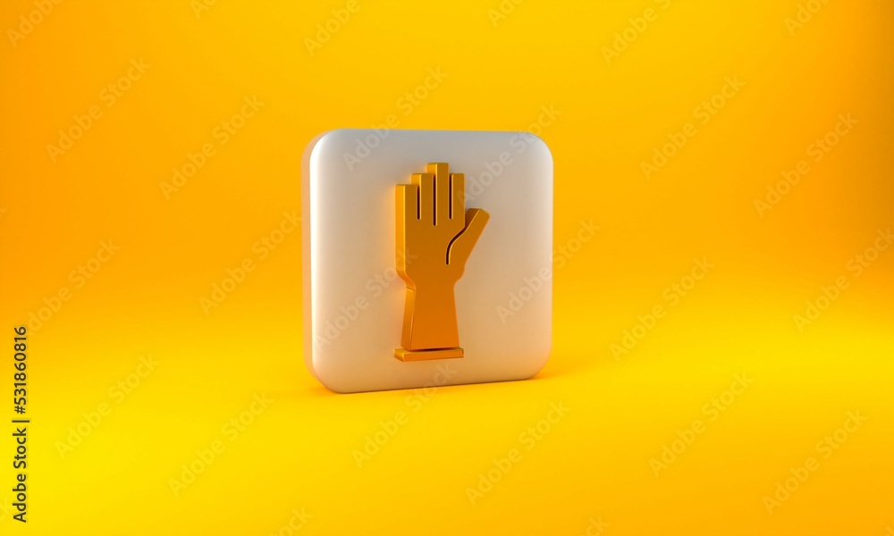 Gold Rubber gloves icon isolated on yellow background. Latex hand protection sign. Housework cleanin