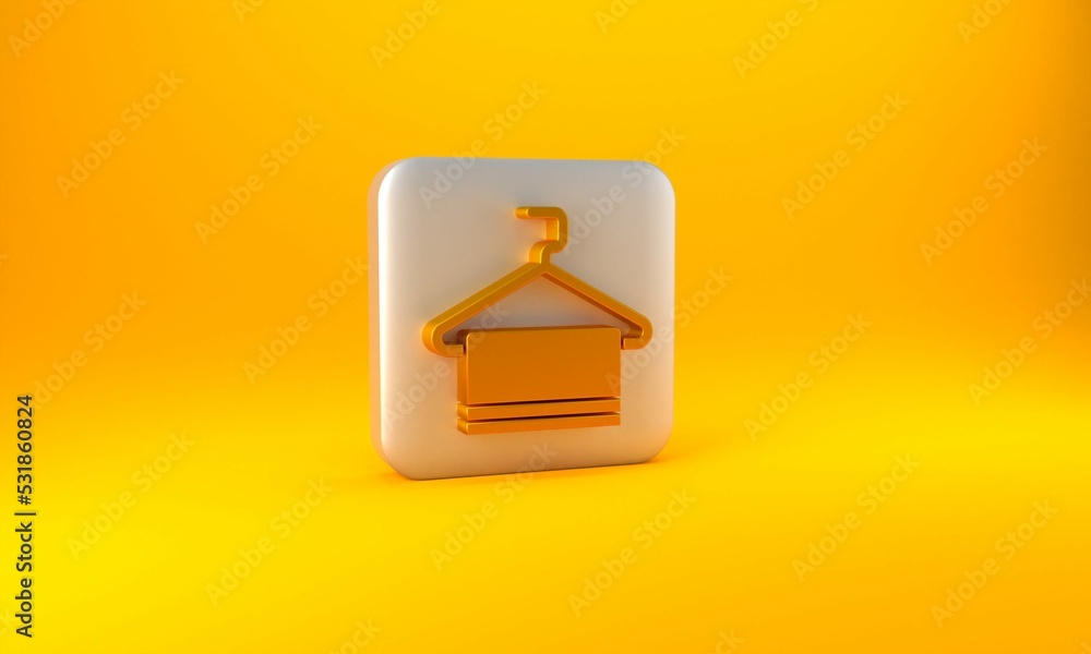 Gold Towel on hanger icon isolated on yellow background. Bathroom towel icon. Silver square button. 