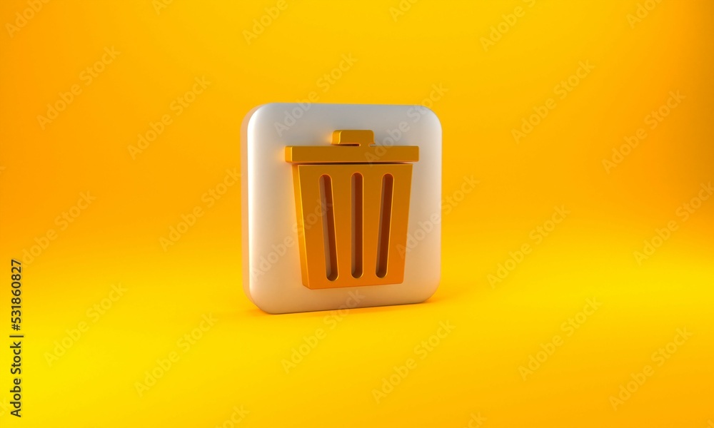 Gold Trash can icon isolated on yellow background. Garbage bin sign. Recycle basket icon. Office tra