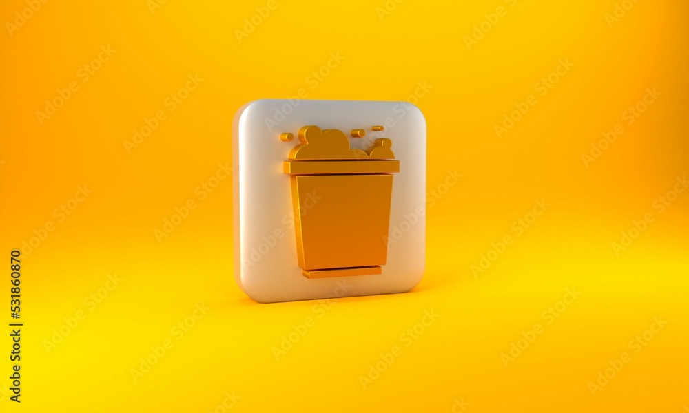 Gold Bucket with foam and bubbles icon isolated on yellow background. Cleaning service concept. Silv