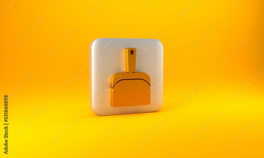 Gold Dustpan icon isolated on yellow background. Cleaning scoop services. Silver square button. 3D r