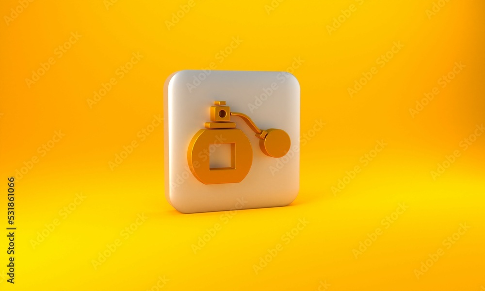 Gold Perfume icon isolated on yellow background. Silver square button. 3D render illustration