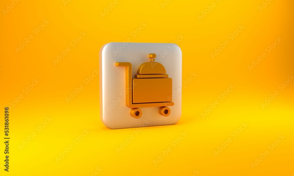 Gold Covered with a tray of food icon isolated on yellow background. Tray and lid sign. Restaurant c