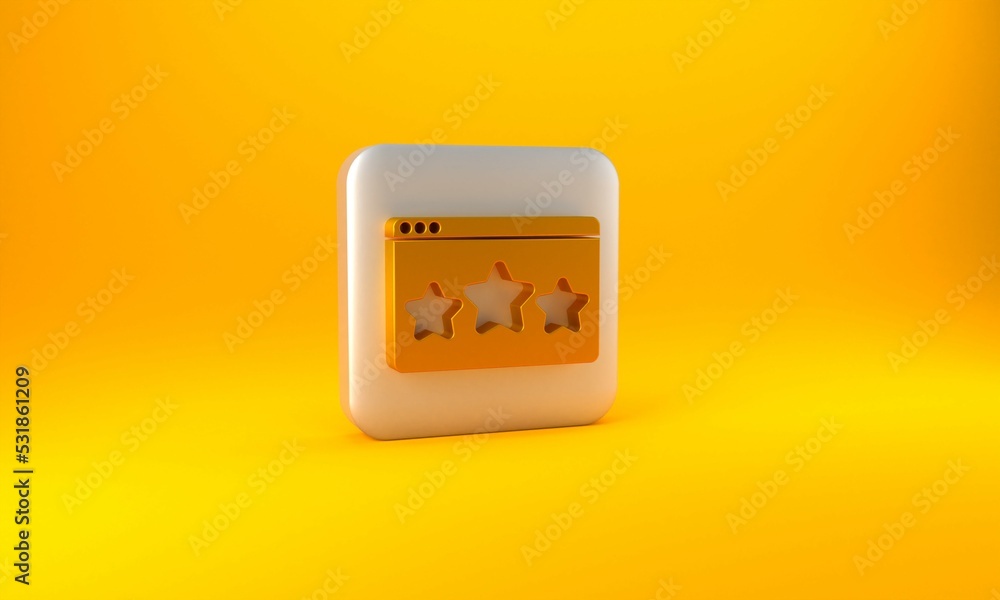 Gold Five stars customer product rating review icon isolated on yellow background. Favorite, best ra