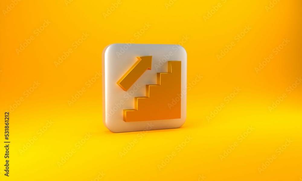 Gold Stairs up icon isolated on yellow background. Silver square button. 3D render illustration