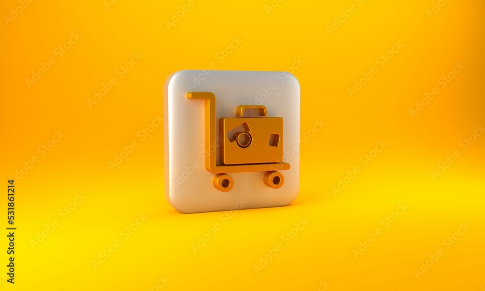 Gold Hotel luggage cart with suitcase icon isolated on yellow background. Traveling baggage sign. Tr