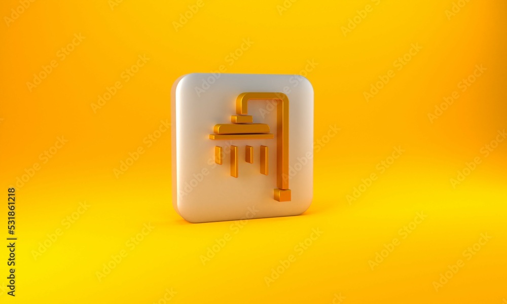 Gold Shower head with water drops flowing icon isolated on yellow background. Silver square button. 