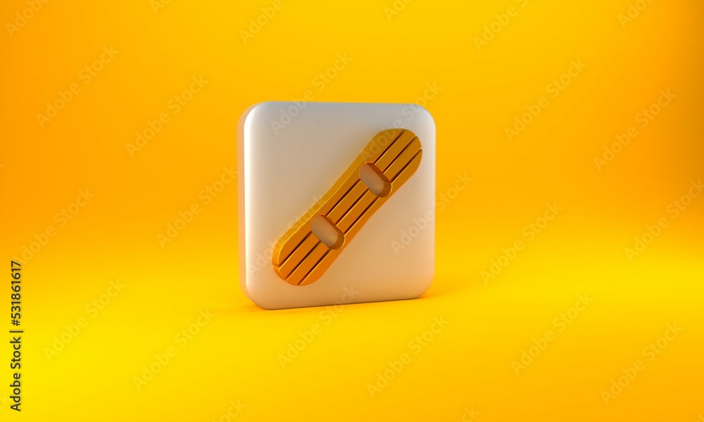 Gold Snowboard icon isolated on yellow background. Snowboarding board icon. Extreme sport. Sport equ