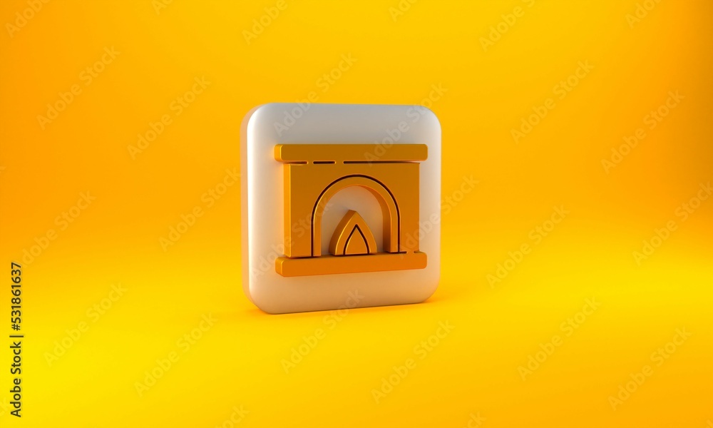 Gold Interior fireplace icon isolated on yellow background. Silver square button. 3D render illustra