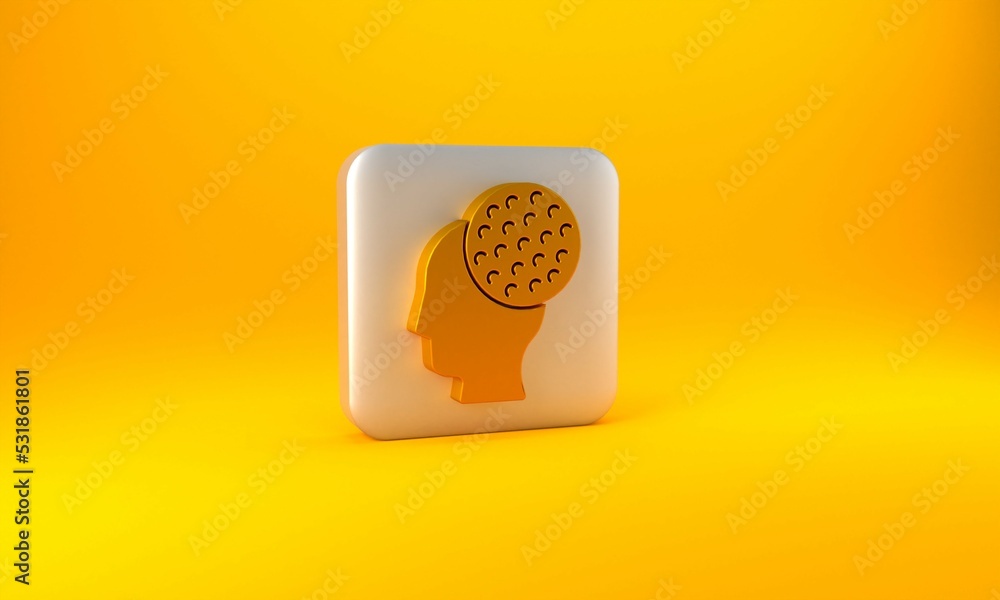 Gold Golf ball icon isolated on yellow background. Silver square button. 3D render illustration