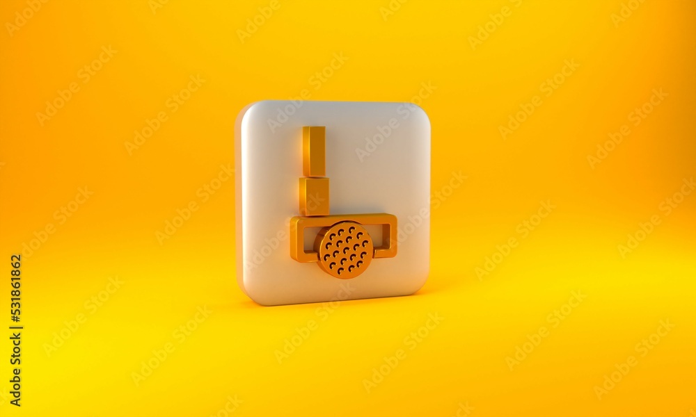 Gold Golf club with ball icon isolated on yellow background. Silver square button. 3D render illustr